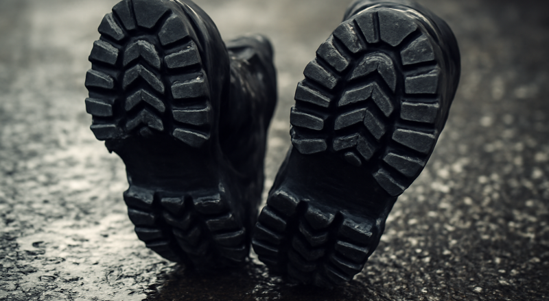semelles crantées de chaussures sur sol mouillé