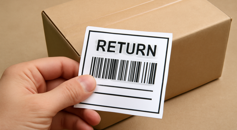 main tenant étiquette retour près colis