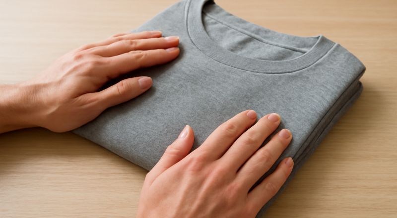 mains palpant tissu t-shirt basique plié