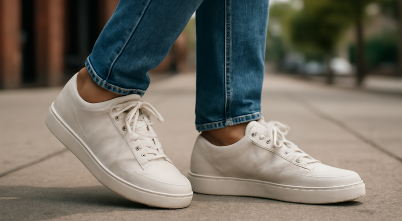 personne marchant en baskets sur trottoir