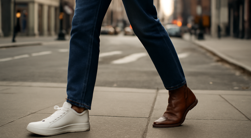 personne marchant en ville en baskets et bottines