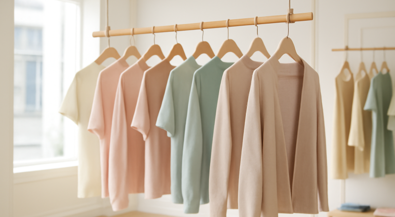vêtements pastel suspendus dans une boutique claire