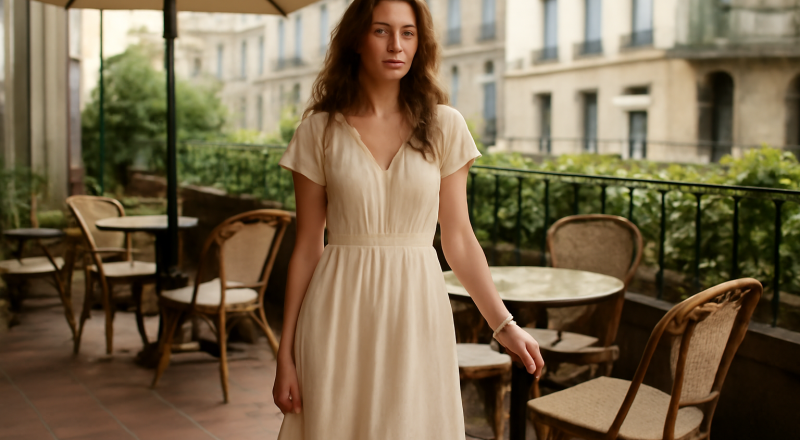 femme en robe légère sur terrasse de café
