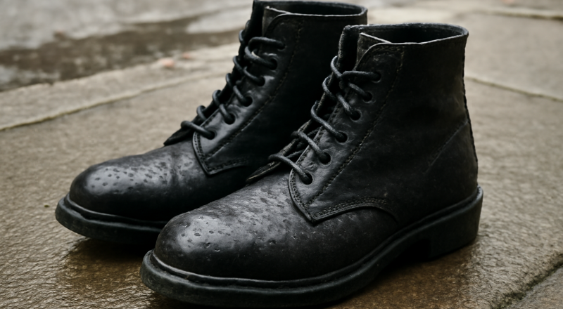 bottines montantes mouillées posées sur trottoir