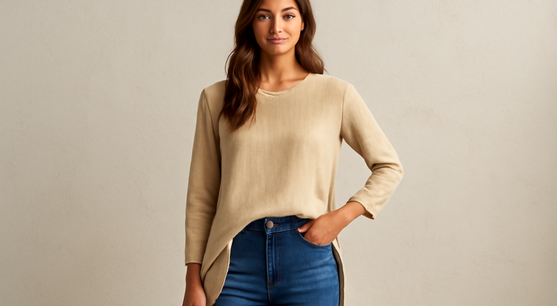 femme portant tunique longue et jean taille haute