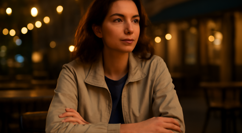 femme portant veste légère en terrasse le soir