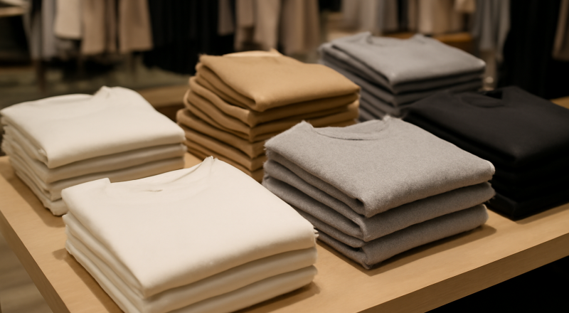 sélection de basiques pliés sur table en boutique