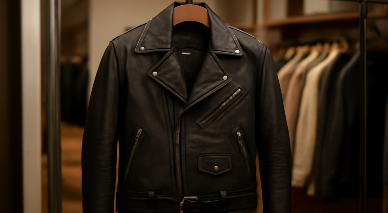 veste en cuir suspendue en boutique
