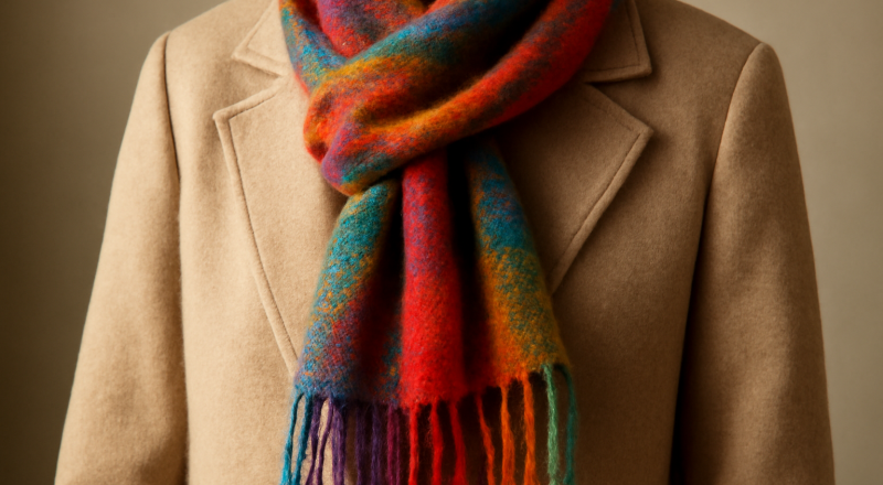 echarpe coloree drapee sur manteau beige