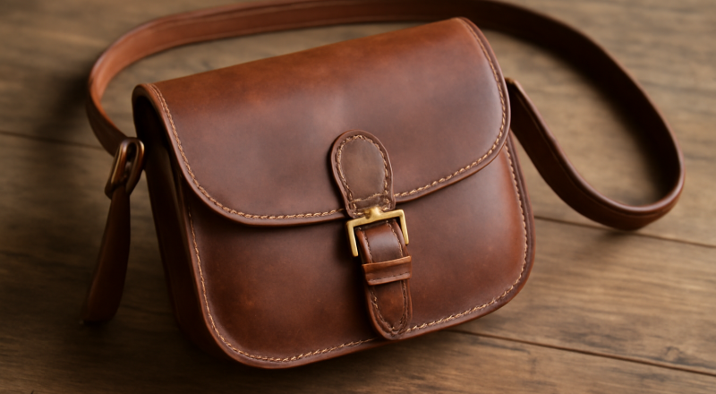 sac artisanal posé sur une table en bois