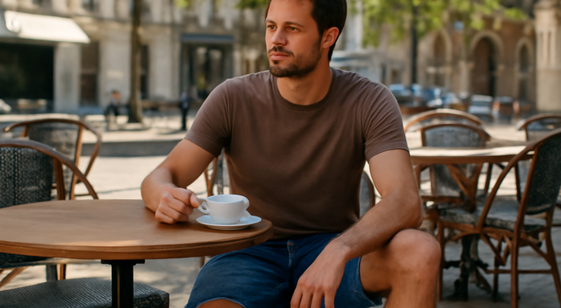 homme portant bermuda en denim en terrasse