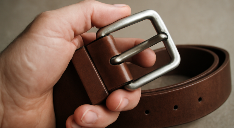 main serrant la boucle d'une ceinture en cuir
