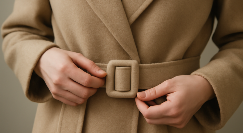 main ajustant une ceinture sur un manteau