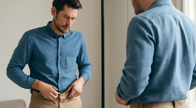 homme ajustant un chino dans un miroir