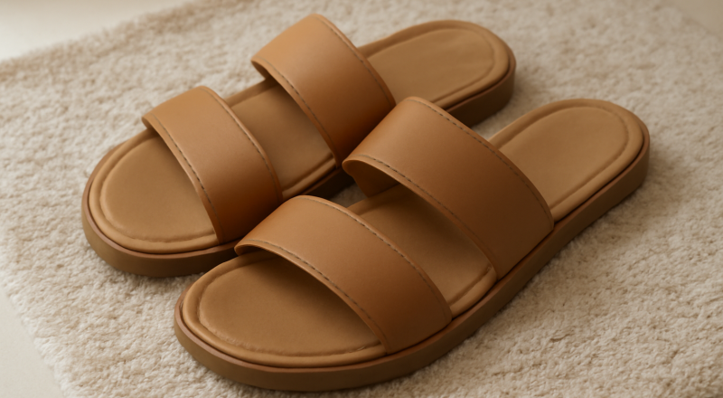 sandales posées sur tapis de salle de bain