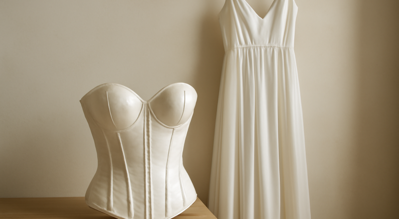 bustier posé près d'une robe fluide suspendue