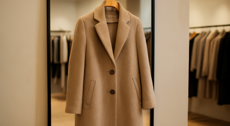 manteau suspendu devant miroir en boutique