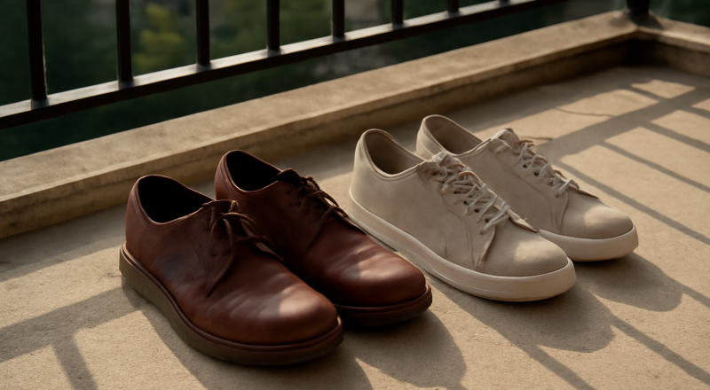 deux paires de chaussures posées sur balcon