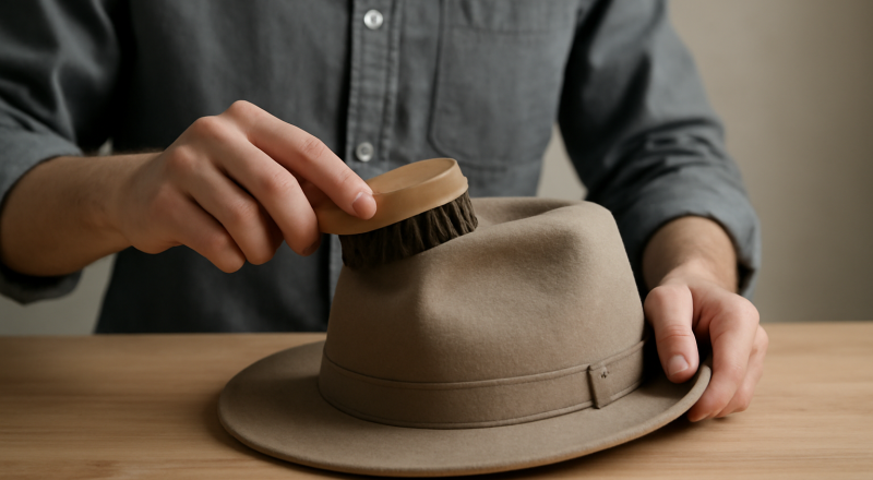 personne brossant un chapeau sur une table