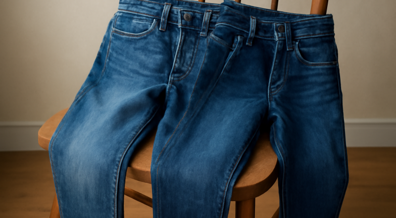 deux jeans posés côte à côte sur une chaise