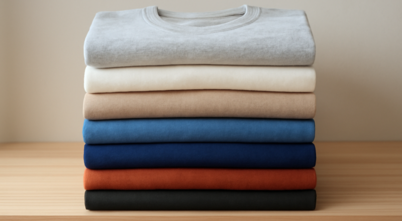 pile de t-shirts basiques présentée sur étagère