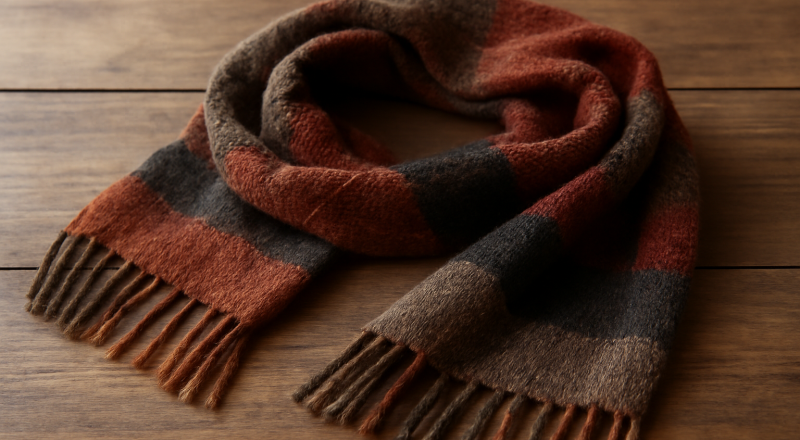 foulard artisanal posé sur table en bois