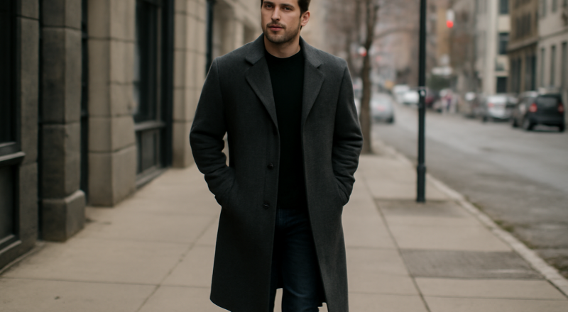 homme portant un manteau long sur trottoir urbain