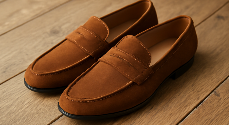 paire de mocassins posees sur sol en bois