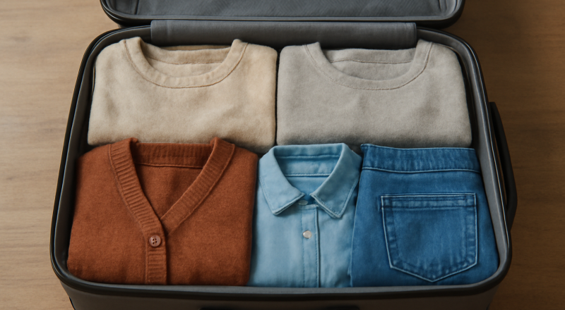 valise ouverte avec vêtements pliés de saison
