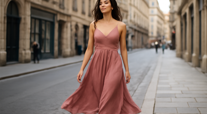 femme en robe fluide marche en ville