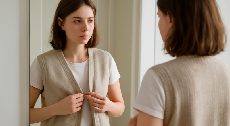 femme enfilant un gilet devant un miroir