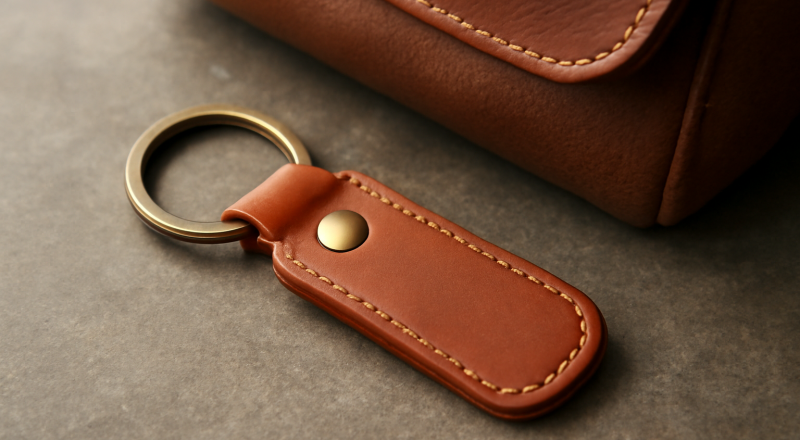 porte-clés en cuir posé près d'un sac