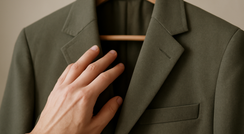 main palpant la coupe d'une veste suspendue