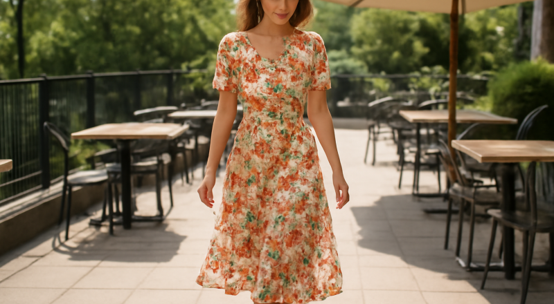 femme en robe fleurie marchant en terrasse