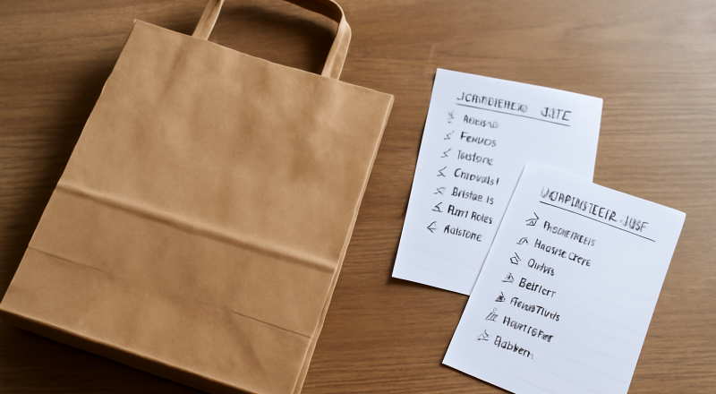 sac de shopping et listes sur une table