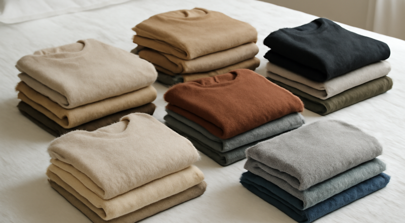 piles de vêtements triés sur un lit