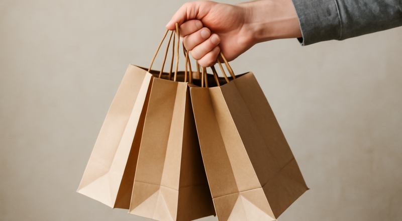 poignet tenant plusieurs sacs de shopping en papier