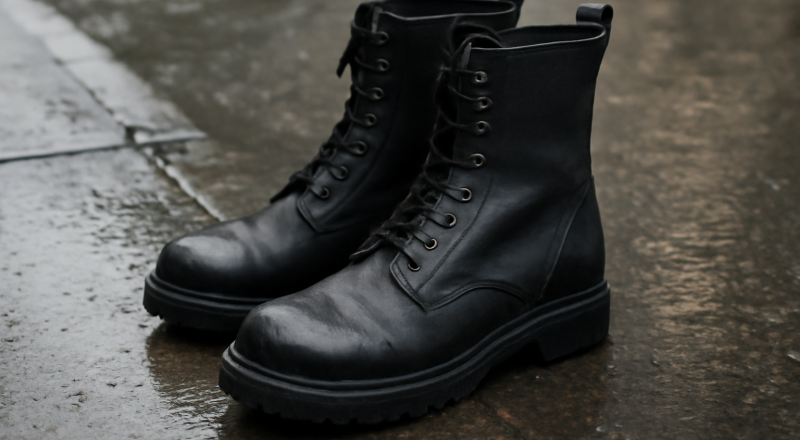 paire de bottes montantes sur trottoir mouillé