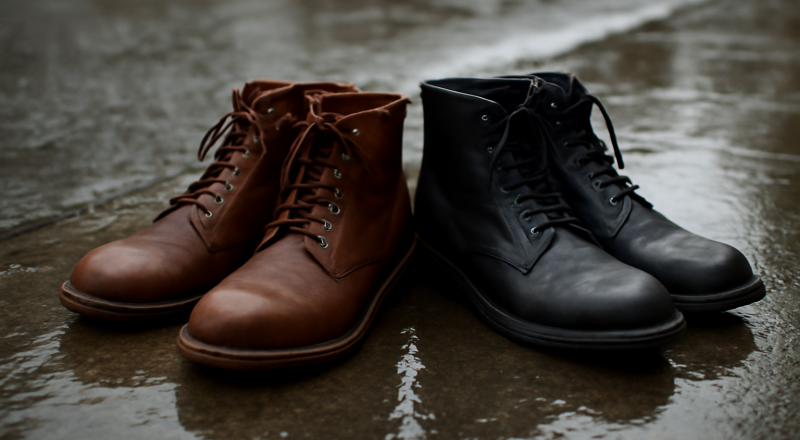 paires de bottines sur trottoir mouille