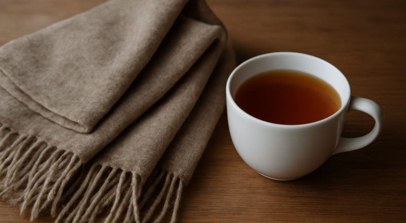 foulard laine posé près d'une tasse de thé