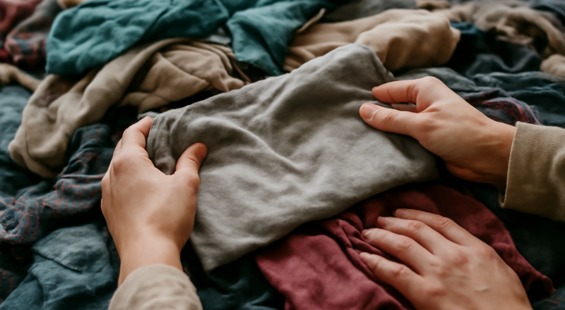 mains feuilletant des vêtements d'occasion en vrac